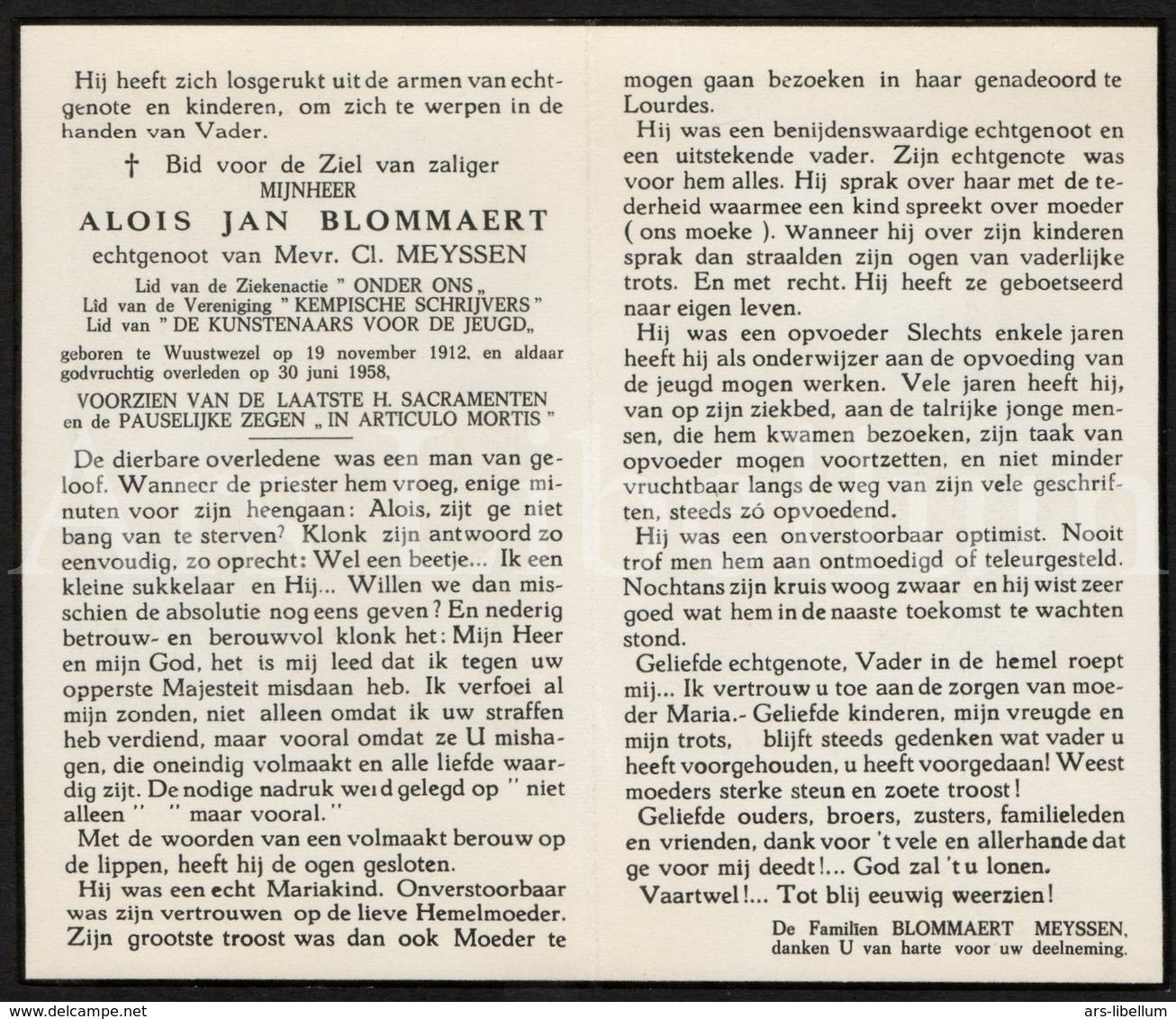 Doodsprentje / Bidprentje / Alois Jan Blommaert / Wuustwezel / 1958 / 2 Scans / X Cl. Meyssen / RVN 620 - Religión & Esoterismo