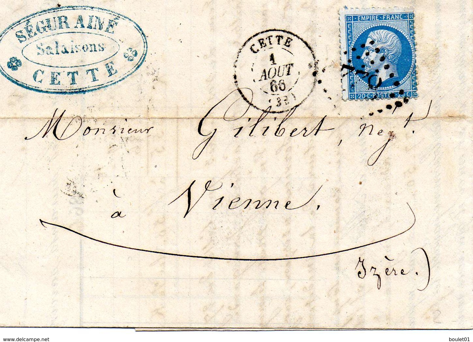 Lettre Du 1 Aout 1866 Au Départ De CETTE Pour Vienne En Isère - 1849-1876: Période Classique