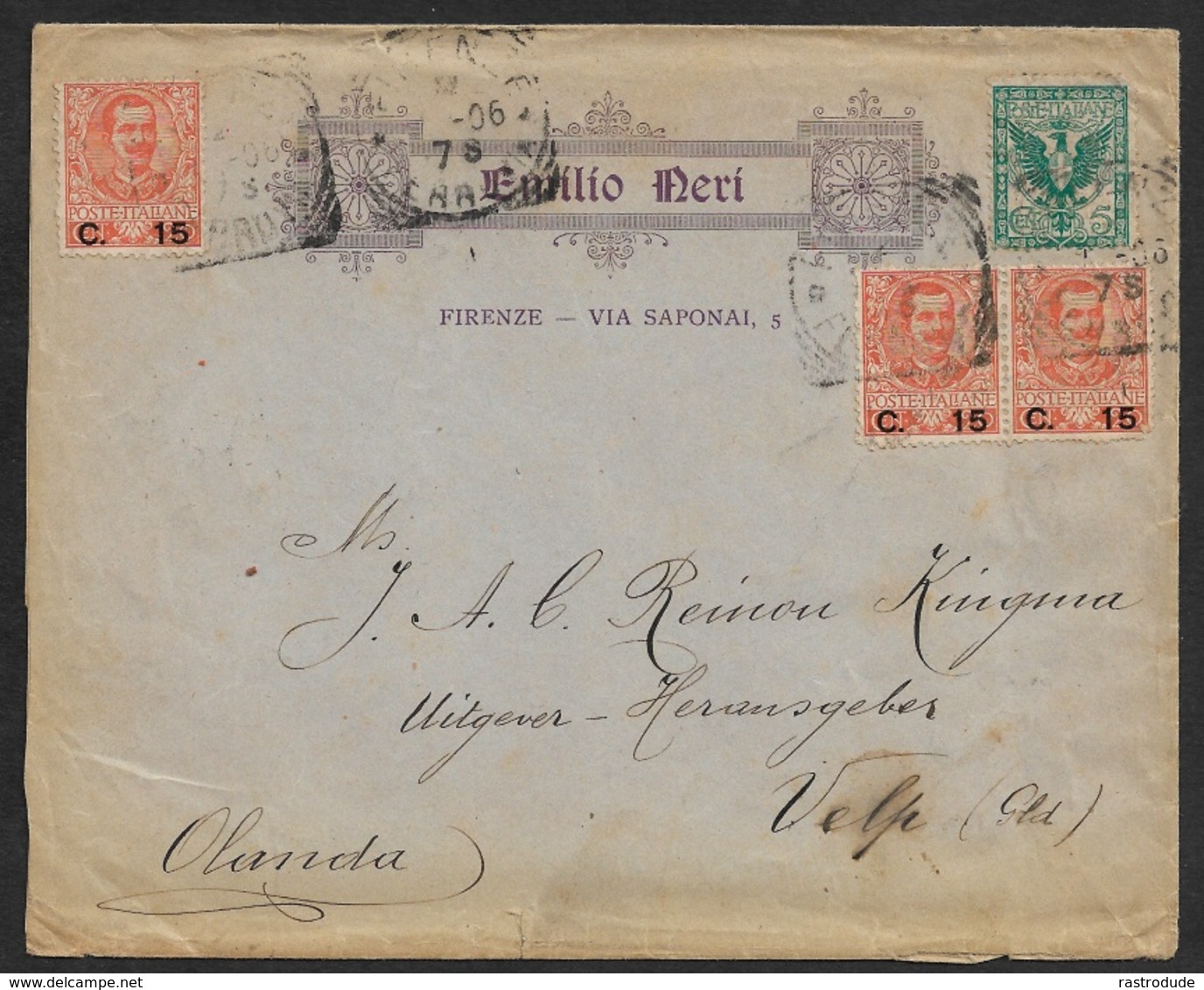 1906 - ITALY - ILLUSTRATED STAMP DEALER ENVELOPE - EMILIO NERI - To VELP, NETHERLANDS - Reklame