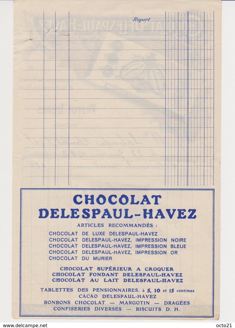 Facture 1/2 Format. Chocolat Delespaul-Havez .PERROT Frères , épiceries à Vandenesse St-Honoré Et St-Honoré-les-Bains - 1900 – 1949