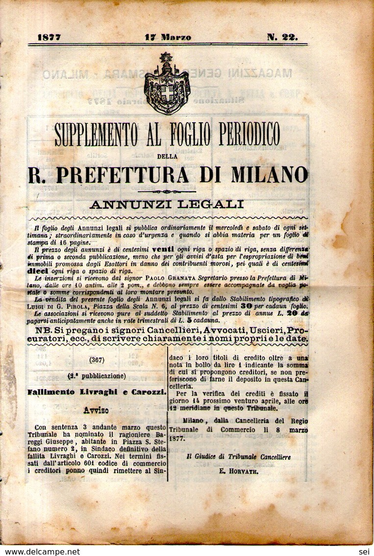 B 2536  -  Supplemento Al Foglio Periodico Della R. Prefettura Di Milano. Annunzi Legali, 1877 - Decreti & Leggi