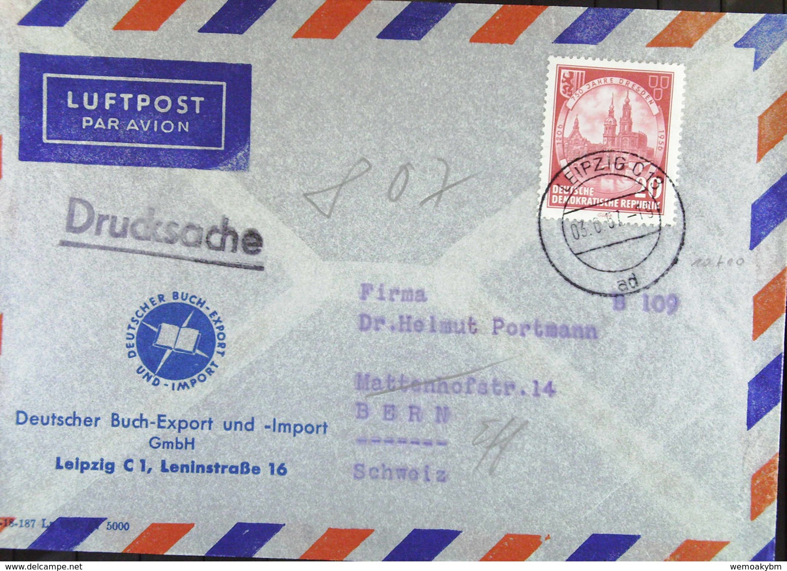 DDR: Ausl-Lp-Ds-Bf M. 20 Pf "750 Jahre Dresden" Portogenau(10+10)-gesuchte Sendungsart Für Dieses Porto; 3.6.57 Knr: 525 - Poste Aérienne