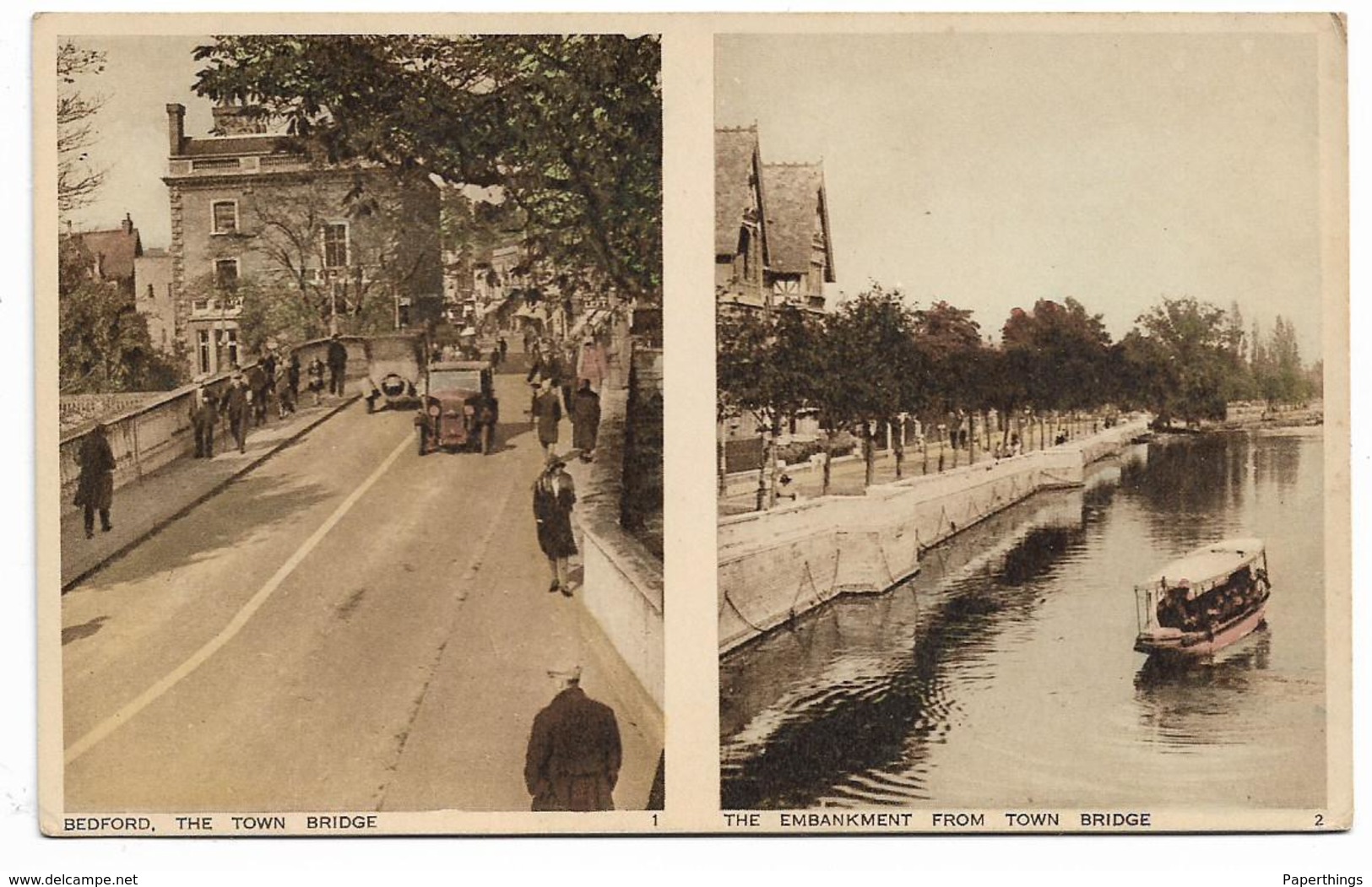 Old Photochrom Colour Postcard, Bedford, Double View Card, Town Bridge, The Embankment, Old Cars, Boat, People. - Bedford