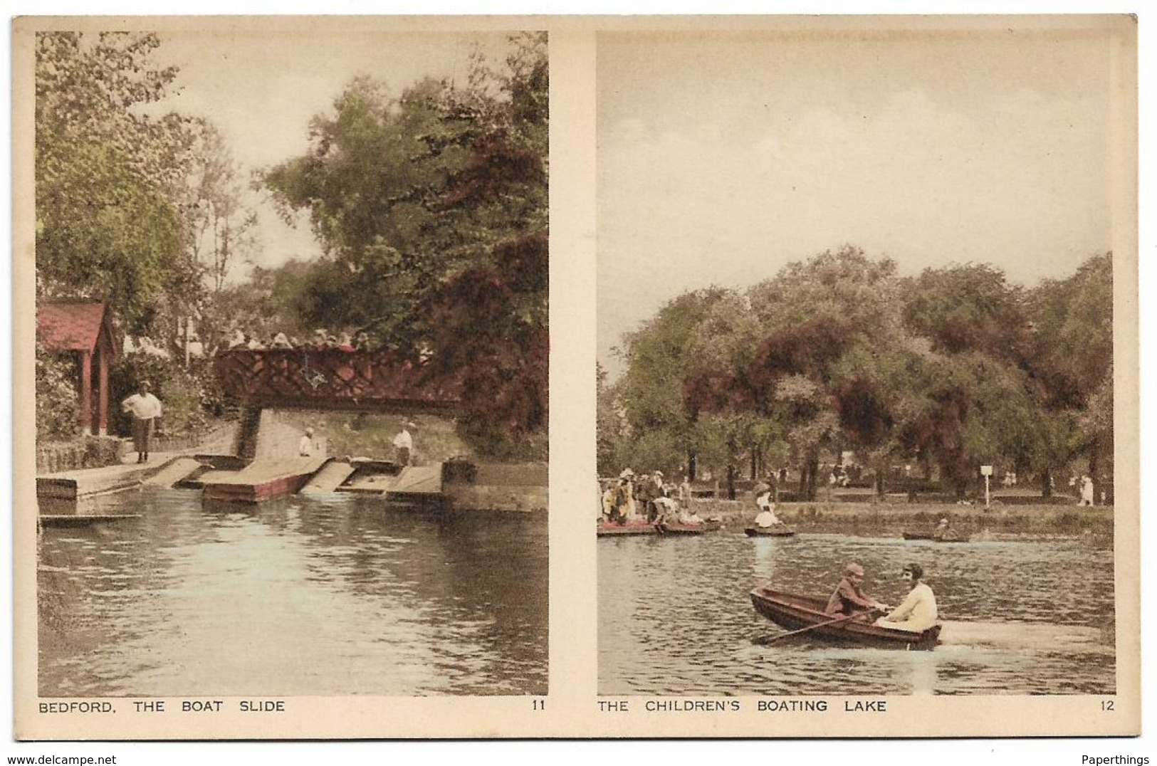 Old Photochrom Colour Postcard, Bedford, Double View Card, Boat Slide, Childrens Boating Lake. - Bedford