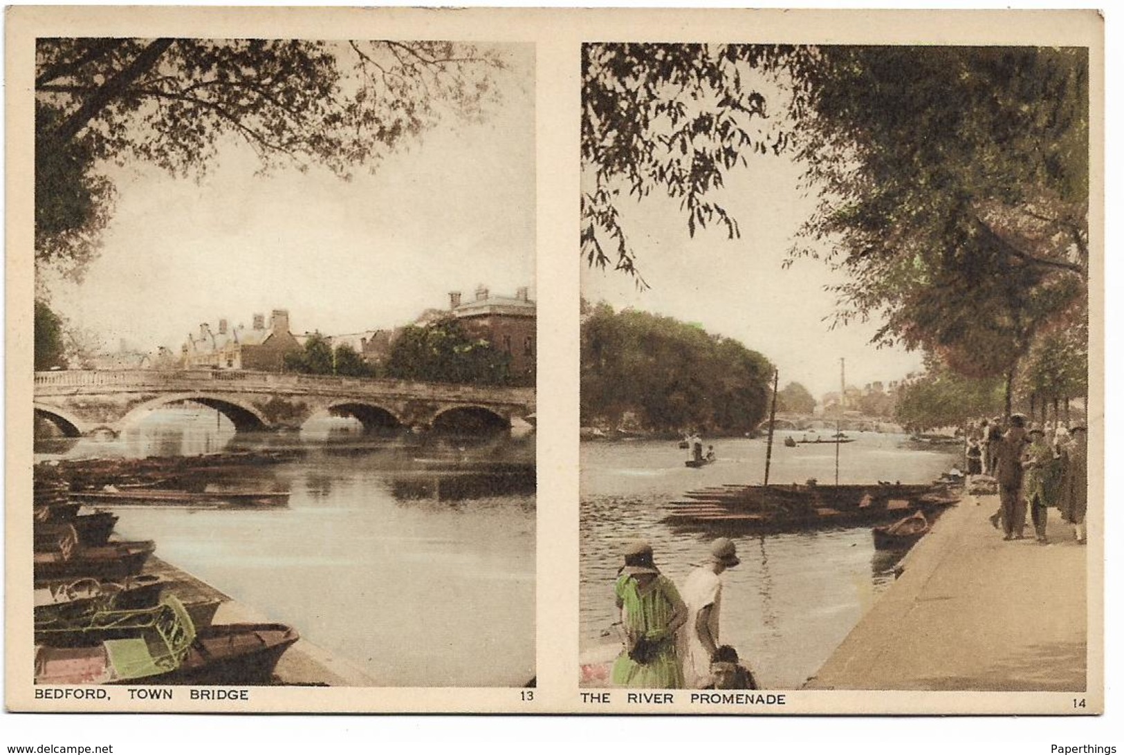 Old Photochrom Colour Postcard, Bedford, Double View Card, Bridge, Boats, River Promenade. - Bedford