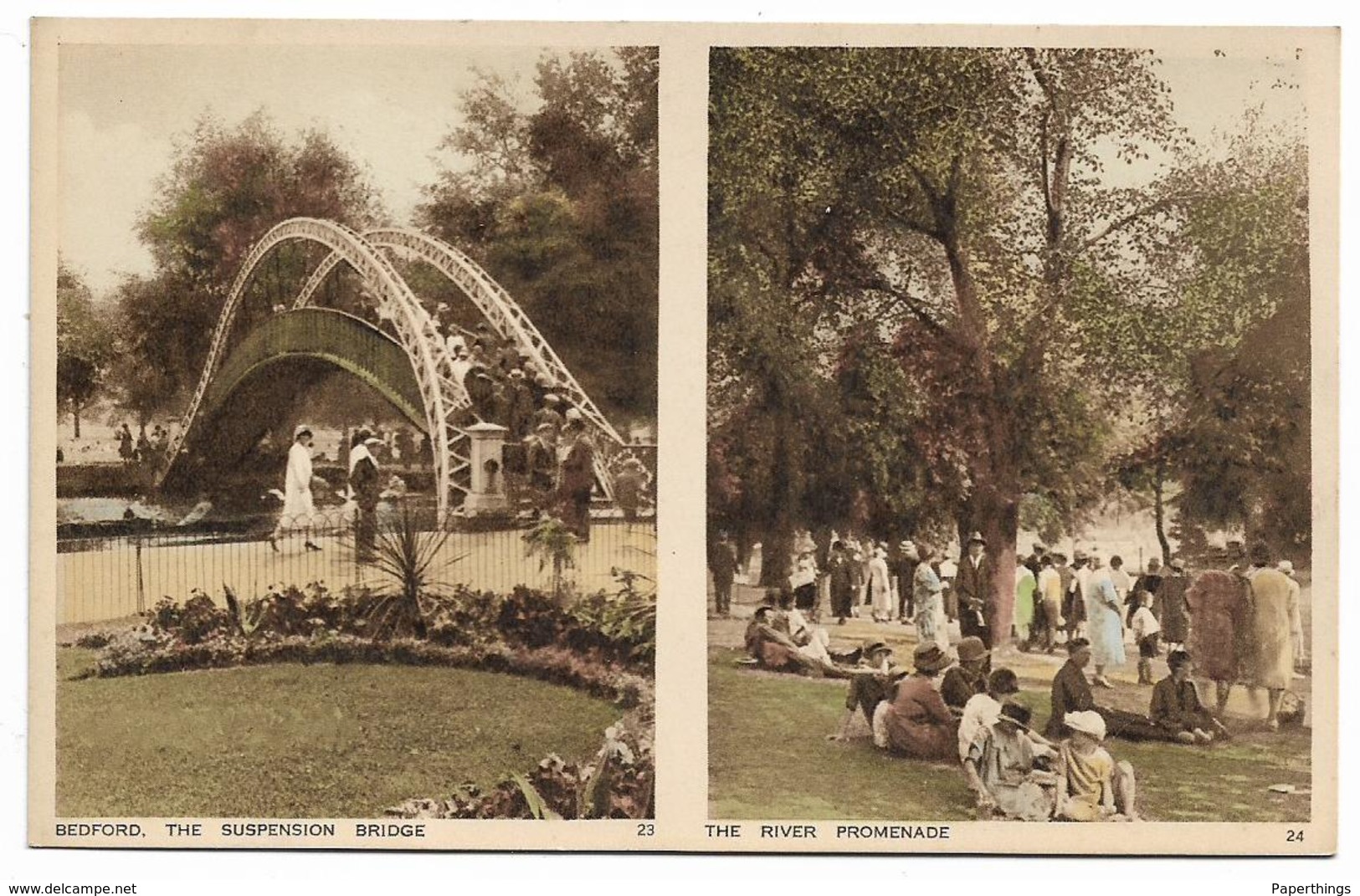 Old Photochrom Colour Postcard, Bedford, Double View Card, Suspension Bridge, Landscape, River Promenade. - Bedford