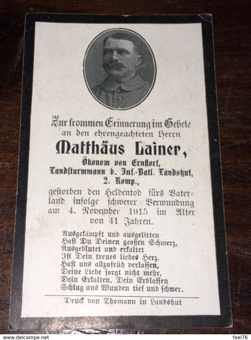 Sterbebild Wk1 Bidprentje Avis Décès Deathcard INF. BATL. LANDSHUT 4. November 1915 Aus Ernstorf - 1914-18