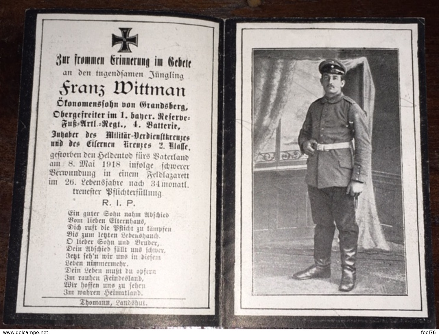 Sterbebild Wk1 Bidprentje Avis Décès Deathcard 1. Reserve Fus AR Mai 1918 WAMBRECHIES Block 1 Grab 170 Aus Grandsberg - 1914-18