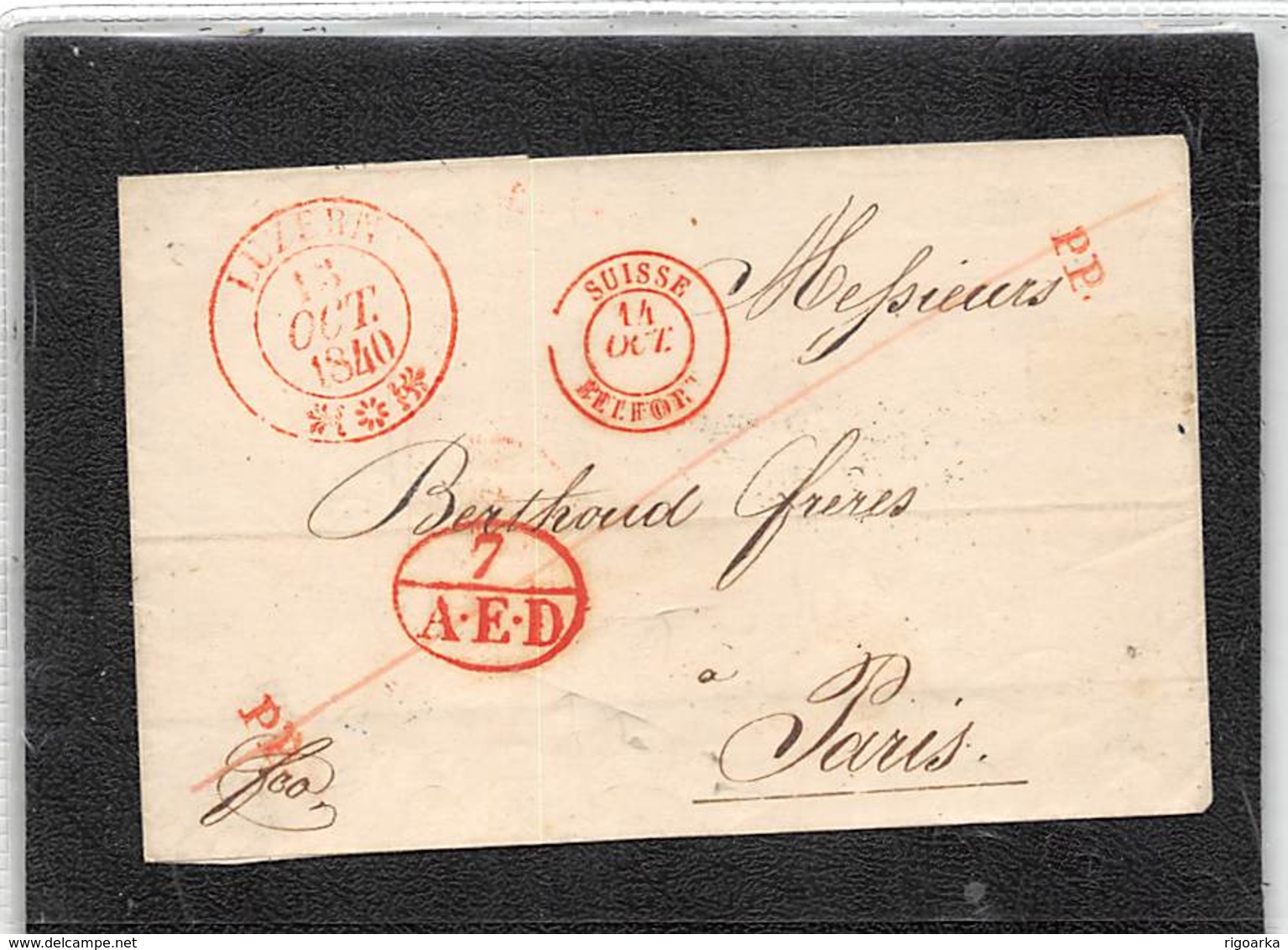 1840.- LETTRE DE LUZERN A PARIS. MARQUE ROUGE OVAL " 7 A.E.D." ET DATEUR FRONTIERE - ...-1845 Precursores