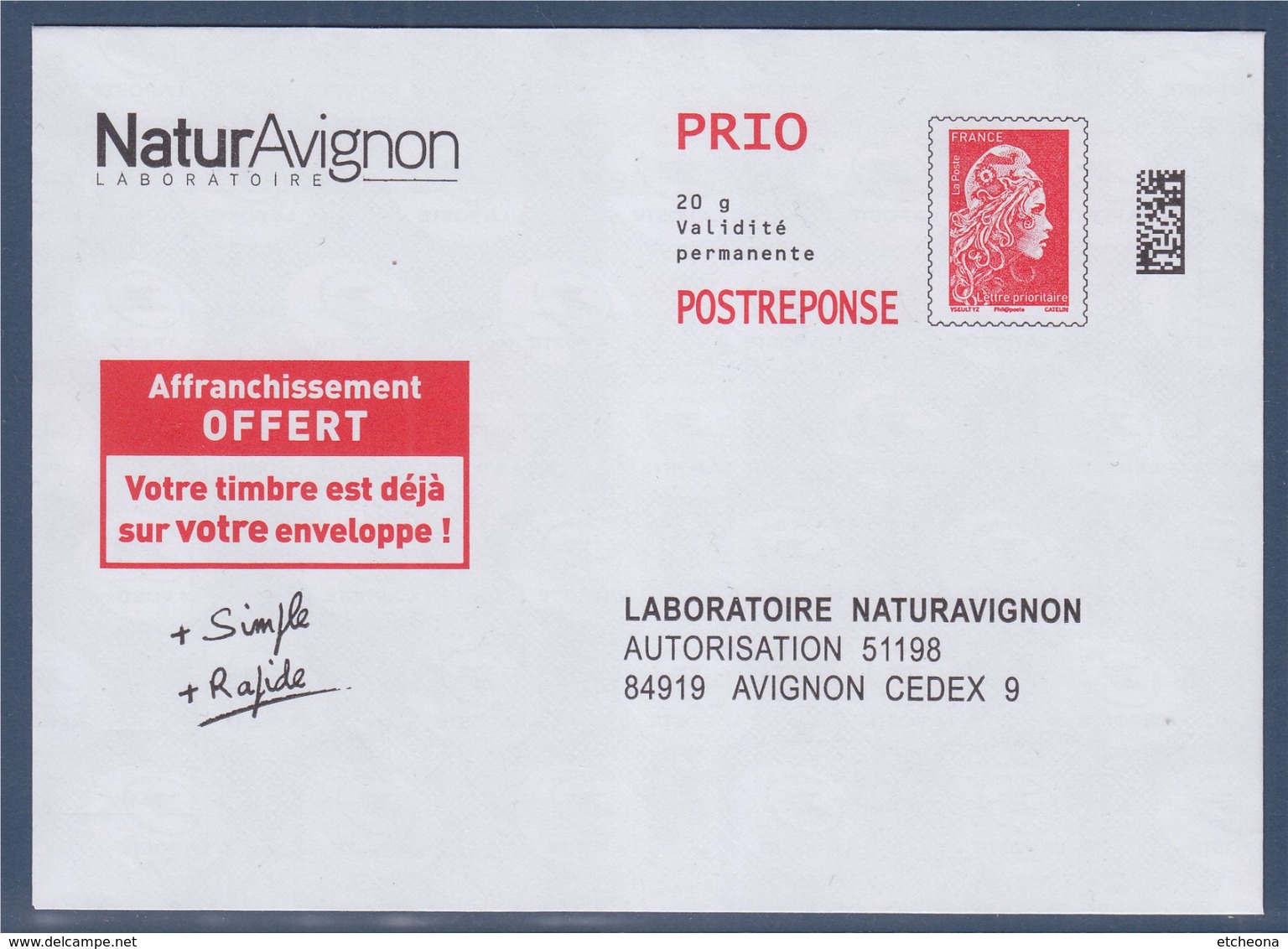 = Entier POSTREPONSE Prioritaire Type Timbre 5253 Marianne L'Engagée Enveloppe 15.5 X 11.1 Cm NaturAvignon Laboratoire - PAP: Antwort