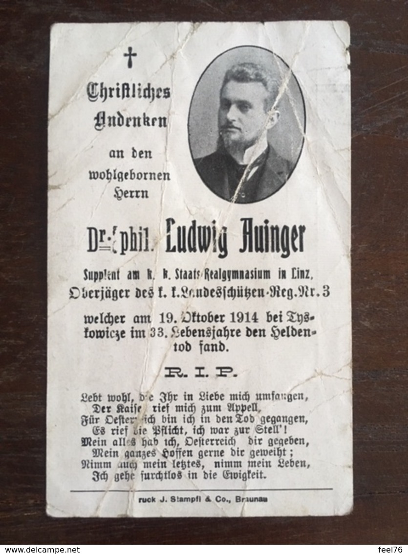 Sterbebild Wk1 Bidprentje Avis Décès Deathcard KUK Landesschützen Regt. 3 TYSKOWICZE Aus Linz - 1914-18