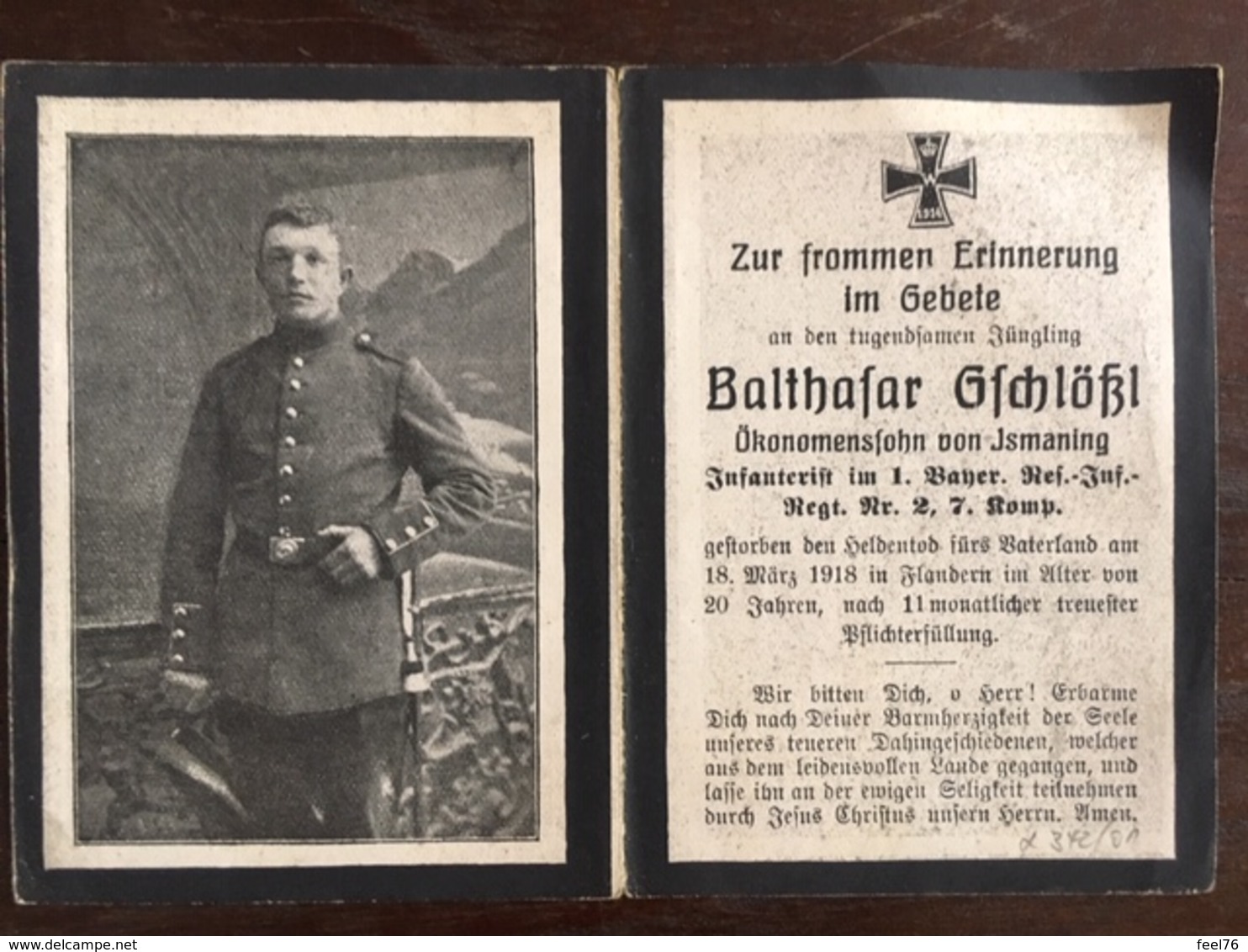 Sterbebild Wk1 Bidprentje Avis Décès Deathcard RIR1 FLANDERN März 1918 Aus Ismaning - 1914-18
