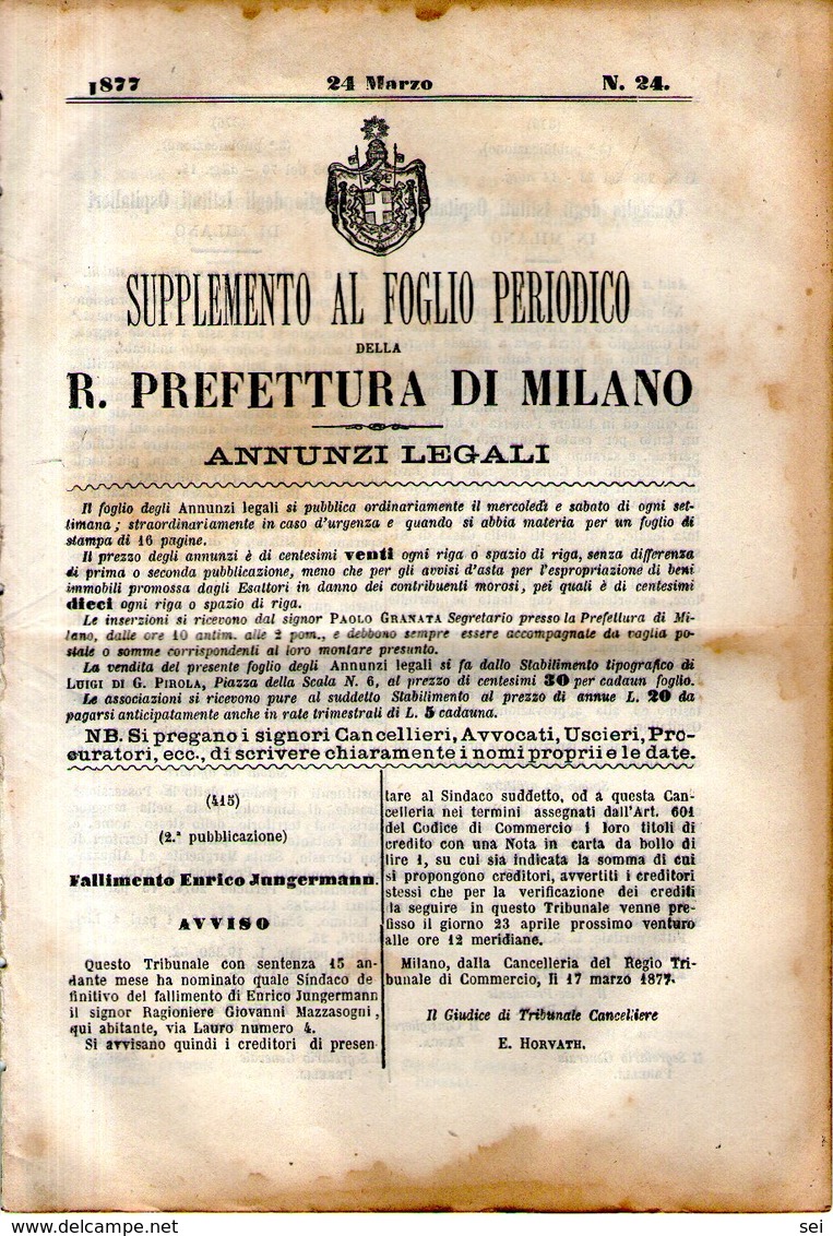 B 2537  -  Supplemento Al Foglio Periodico Della R. Prefettura Di Milano. Annunzi Legali, 1877 - Decreti & Leggi