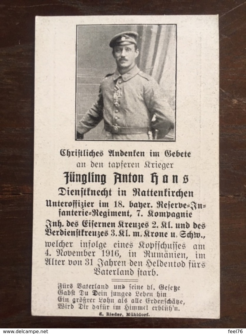 Sterbebild Wk1 Bidprentje Avis Décès Deathcard RIR18 November 1916 Rumänien Aus Rattenkirchen - 1914-18