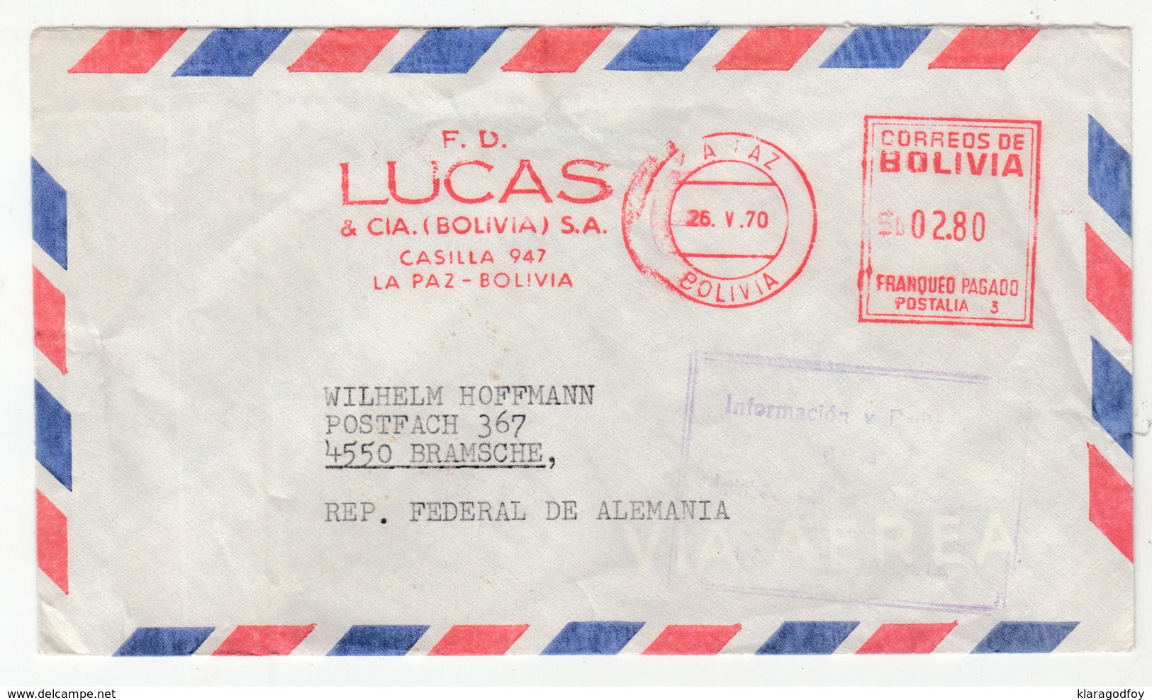 Bolivia Lucas La Paz Meter Stamp On 2 Air Mail Letter Covers Travelled 1970/76 To Germany B190520 - Bolivia