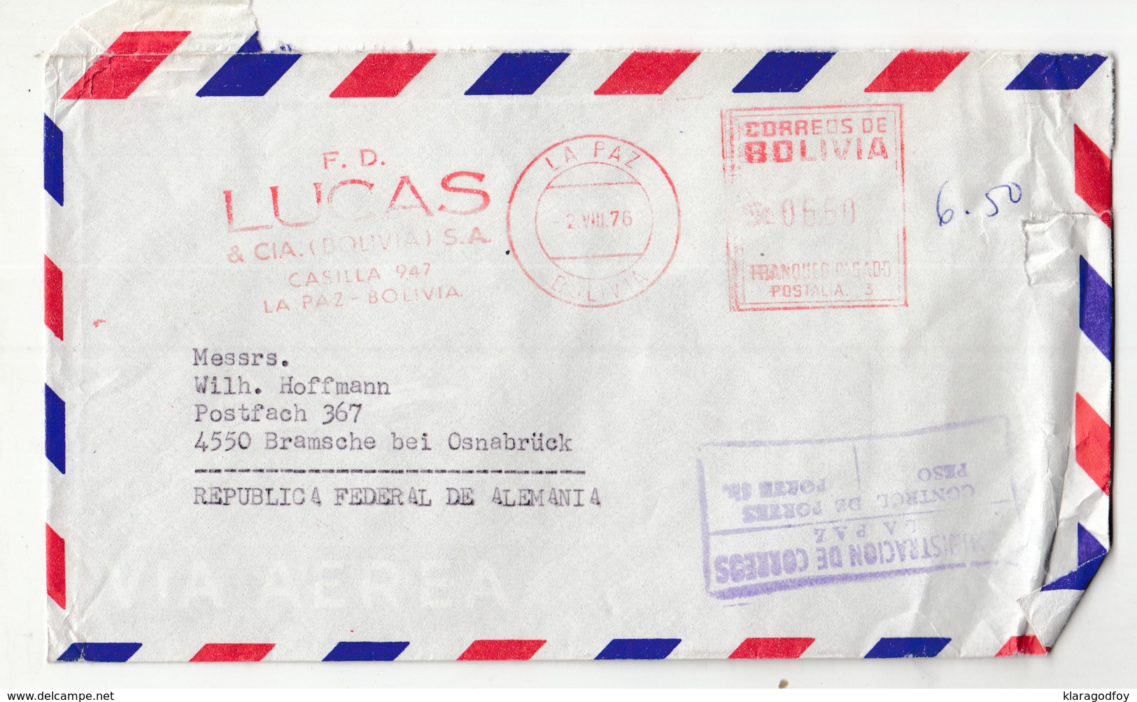 Bolivia Lucas La Paz Meter Stamp On 2 Air Mail Letter Covers Travelled 1970/76 To Germany B190520 - Bolivia