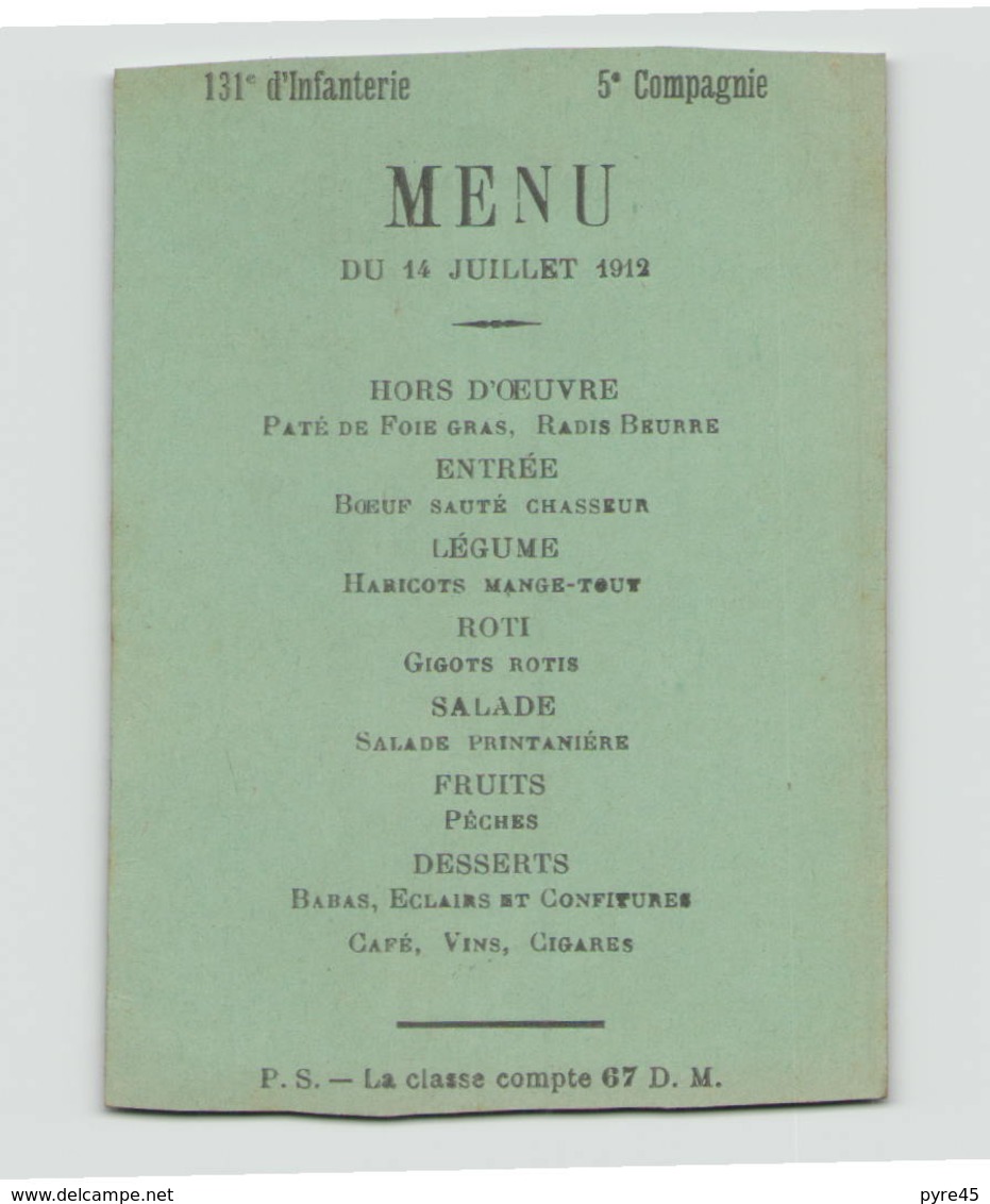 Menu Du 131° D'infanterie, 5° Compagnie Du 14 Juillet 1912 - Documents