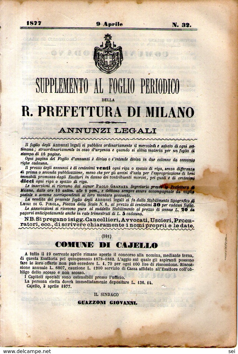 B 2539  -  Supplemento Al Foglio Periodico Della R. Prefettura Di Milano. Annunzi Legali, 1877 - Decreti & Leggi