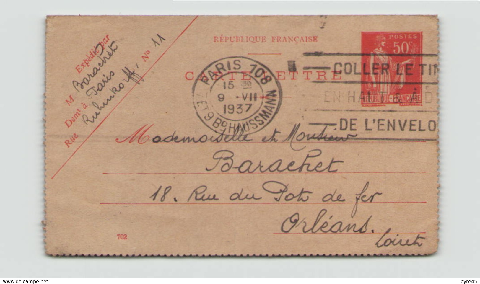 Entier Carte Lettre Du 9 Juillet 1937 De Paris Pour Orléans - Letter Cards