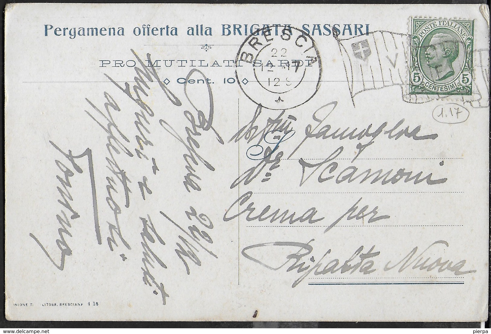 STORIA POSTALE REGNO - ANNULLO MECCANICO "BANDIERA" UFF. BRESCIA 22.12.1917 SU CARTOLINA PRO MUTILATI SARDI - Storia Postale