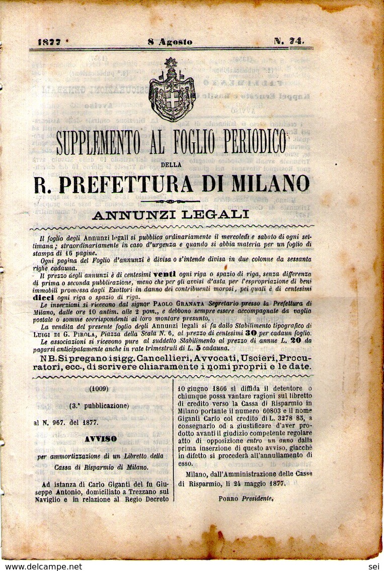 B 2543  -  Supplemento Al Foglio Periodico Della R. Prefettura Di Milano. Annunzi Legali, 1877 - Decreti & Leggi