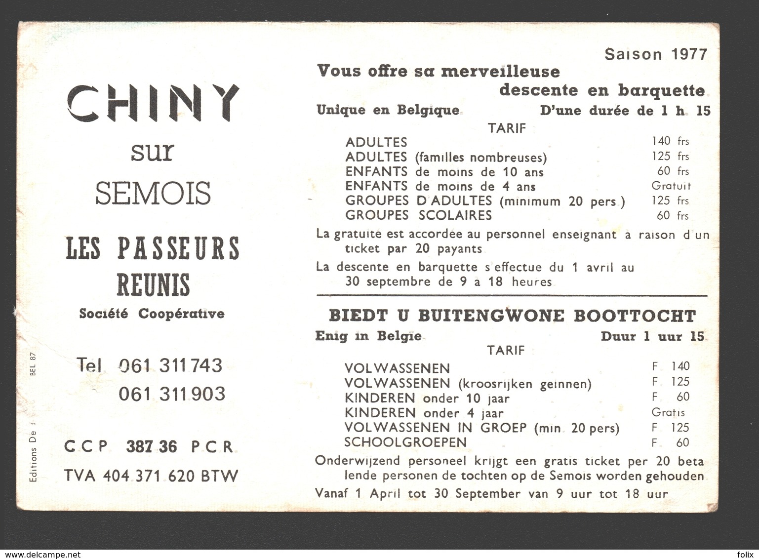 Chiny Sur Semois - Les Passeurs Réunis - Société Coopérative - Carte Publicitaire Saison 1977 - Chiny