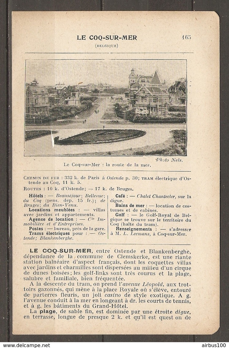 1923 BELGIQUE LE COQ SUR MER CHEMIN DE FER 332 KM DE PARIS  - TRAM ELECTRIQUE GOLF HOTELS BAINS - Railway