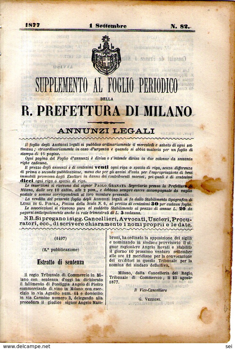 B 2544  -  Supplemento Al Foglio Periodico Della R. Prefettura Di Milano. Annunzi Legali, 1877 - Decrees & Laws