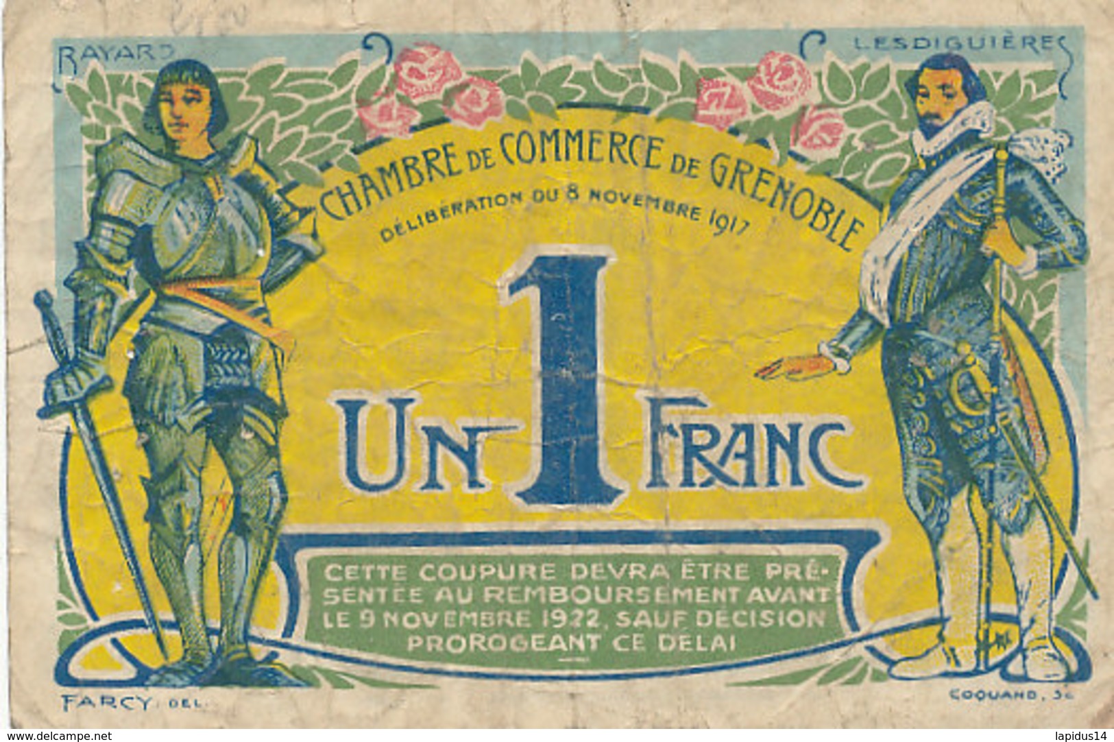 BILLET CHAMBRE DE COMMERCE -DE GRENOBLE  1 FRANC 1917 - Cámara De Comercio