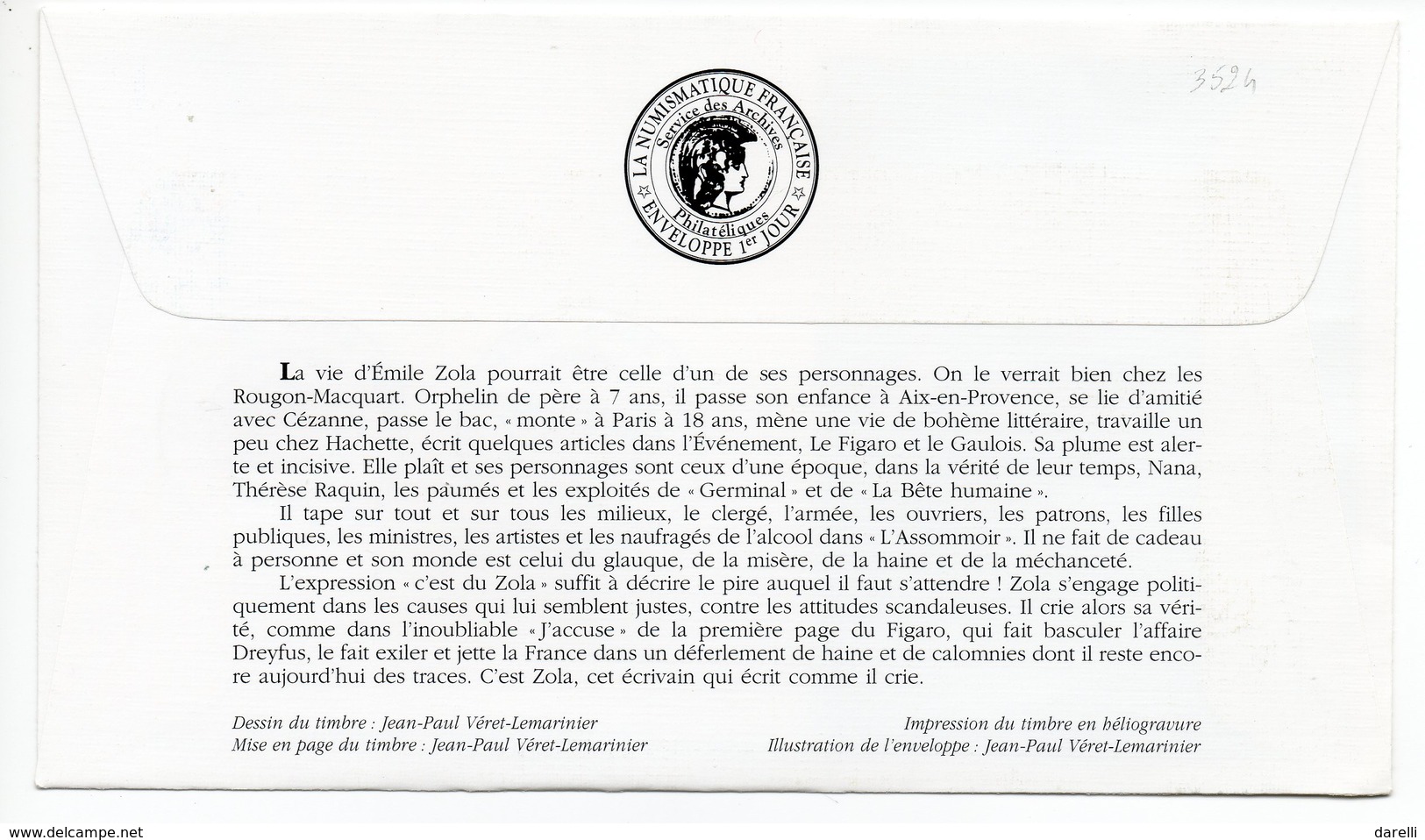FDC France 2002 - Emile Zola : J’accuse... YT 3524  Paris - 2000-2009
