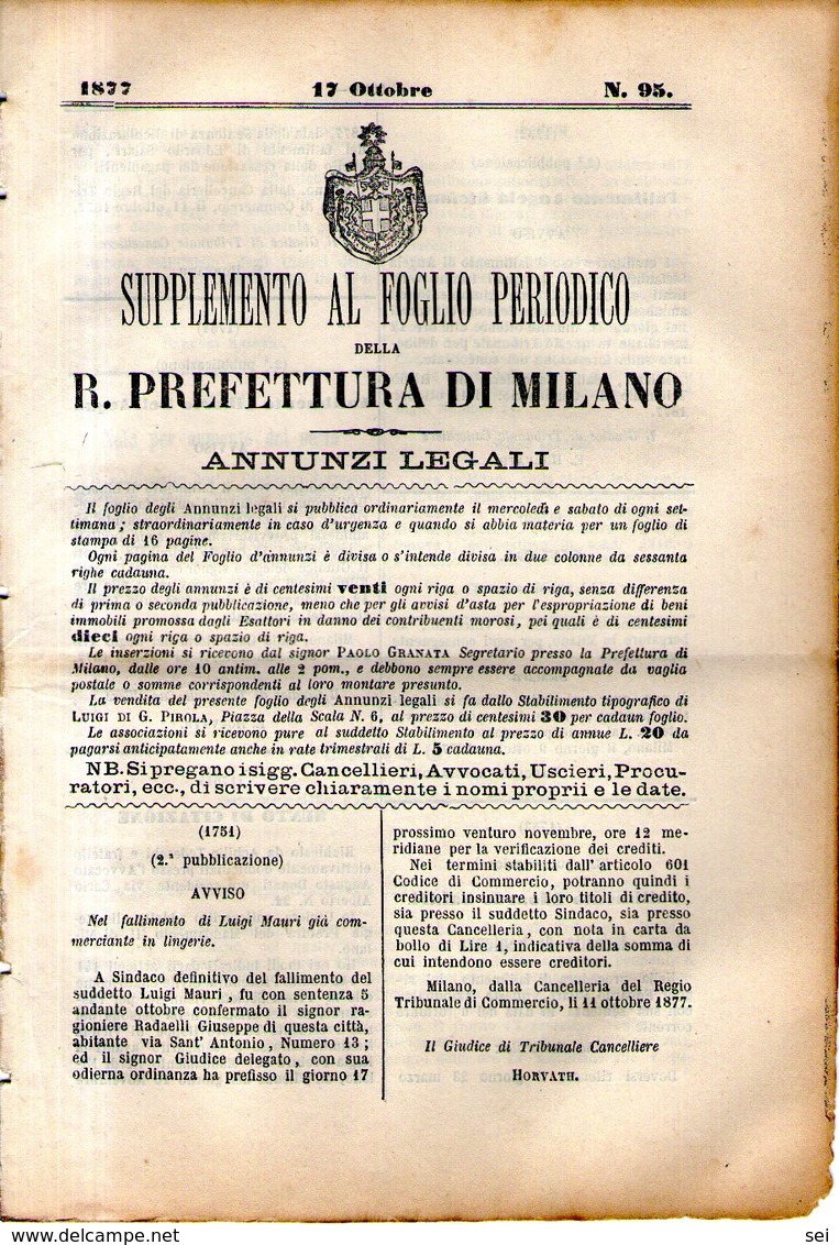 B 2545  -  Supplemento Al Foglio Periodico Della R. Prefettura Di Milano. Annunzi Legali, 1877 - Gesetze & Erlasse