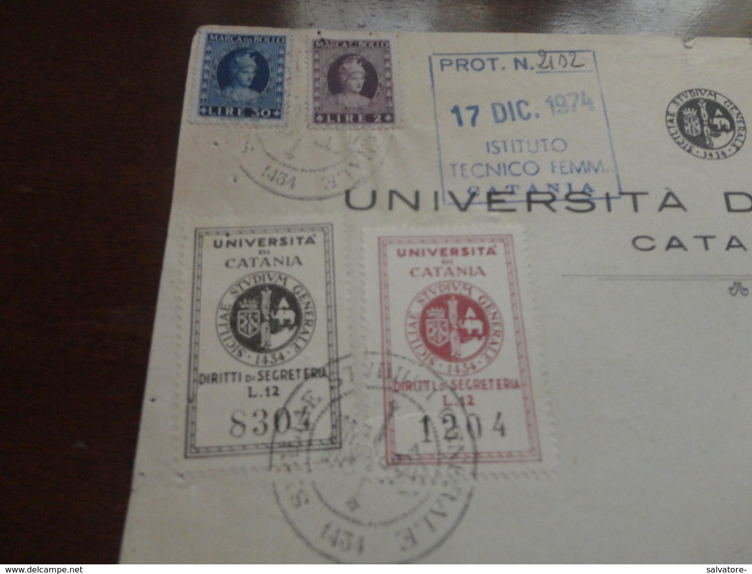 MARCA DA BOLLO UNIVERSITA' DI CATANIA DIRITTI DI SEGRETERIA LIRE 12 VALORI GEMELLI-1945 - 1946-60: Storia Postale