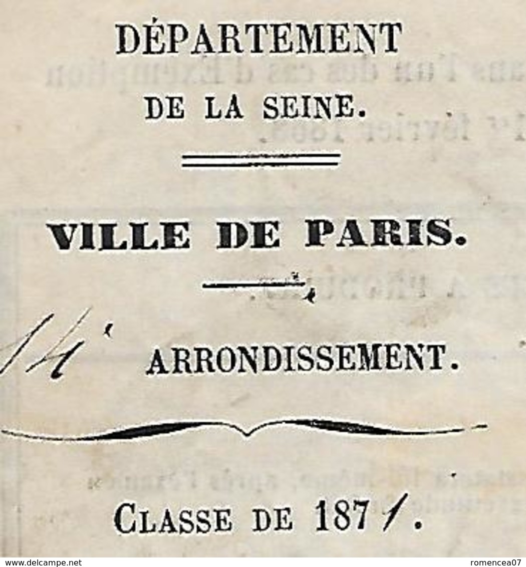 PARIS (14e) - ORDRE De COMPARAITRE Devant Le CONSEIL De REVISION Le 30 Octobre 1872 ! - Militaire - A Voir ! - Documents Historiques