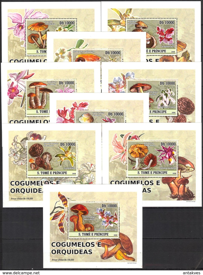 A{070} Sao Tome & Principe 2008 Mushrooms Flowers Orchids 9 S/S Deluxe MNH** - Sao Tome And Principe