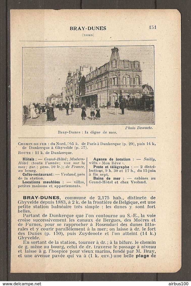 1923 BRAY DUNES CHEMIN DE FER DU NORD 365 KM DE PARIS - HOTELS BAINS DE MER CAFES RESTAURANTS - Railway