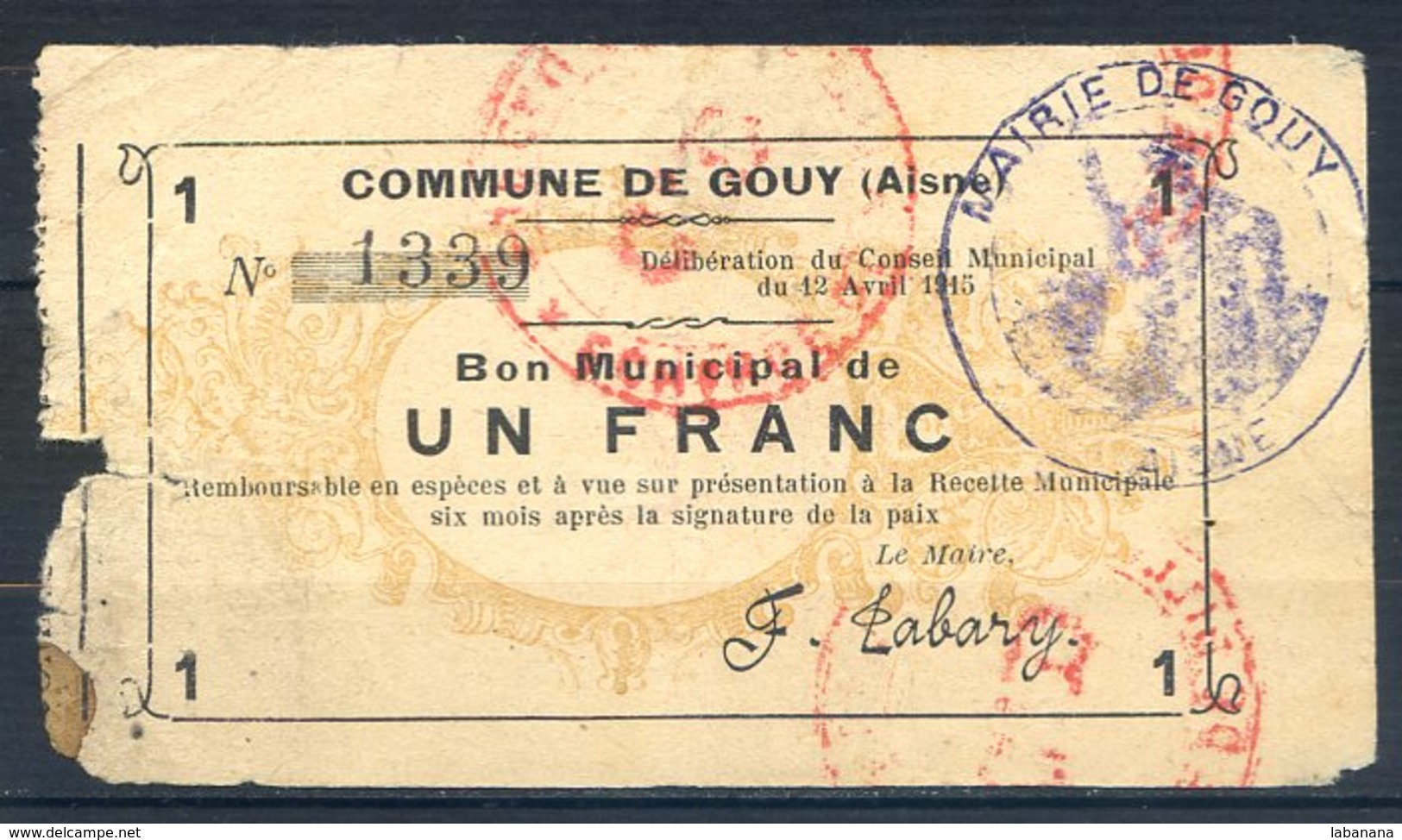 479-Gouy Billet De 1 Franc 1915, Cachet CD RARE - Bons & Nécessité