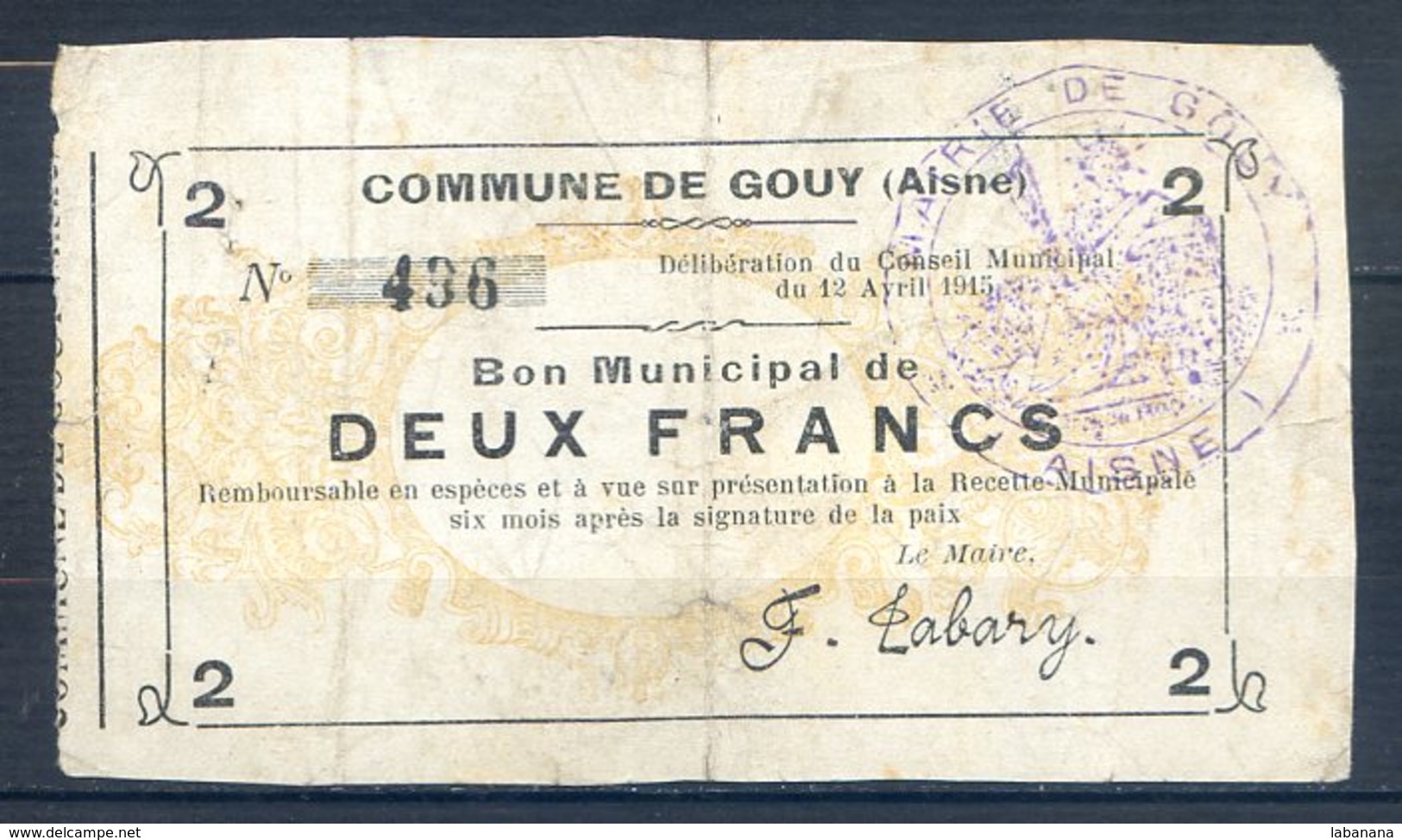 479-Gouy Billet De 2 Francs 1915 Noir Sur Blanc RARE - Bons & Nécessité