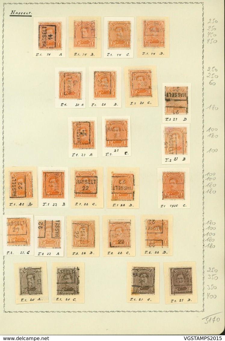 BELGIQUE PREOS HASSELT 1-2C 1914-1922 POS A,B,C,D VAL CAT 5170 FB MONTE SUR FEUILLE (DD) DC-3293 - Roller Precancels 1920-29