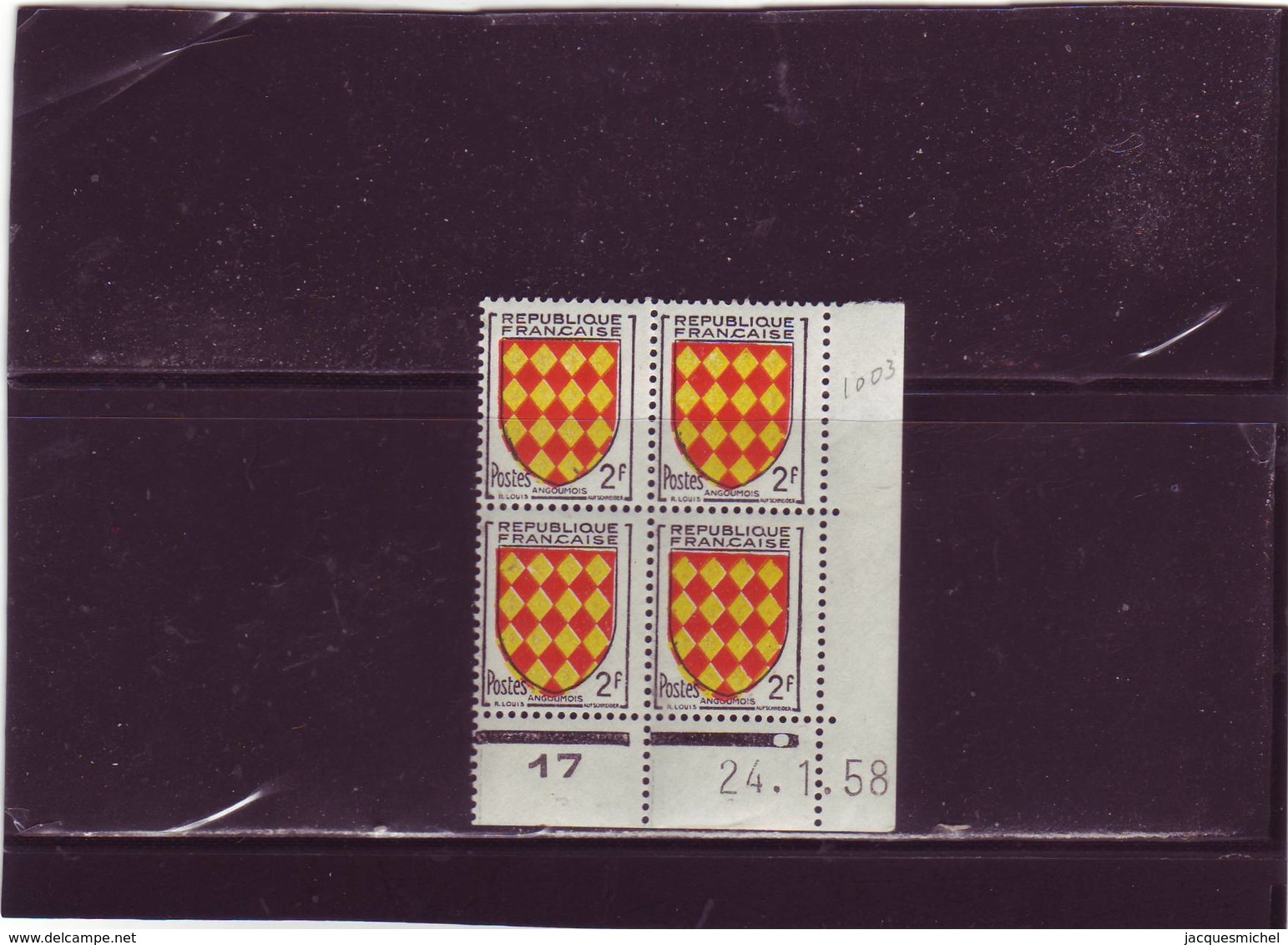 N° 1003 - 2F Blason De L'ANGOUMOIS -F De C+F - 4° Tirage Du 21.1.58 Au 3.2.58 - 24.01.1958 - - 1950-1959