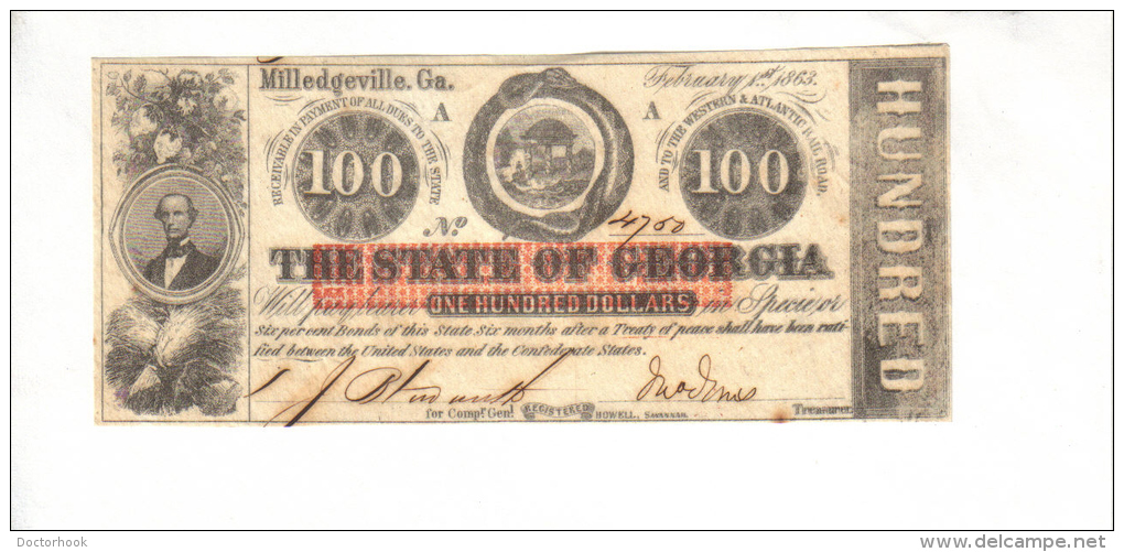 MILLEDGEVILLE---Georgia    $100.00  DOLLAR  Bill  (1863) RARE!!!! GA-CR-6D-UNL---PCGS 63 Choice UNC. - Georgia