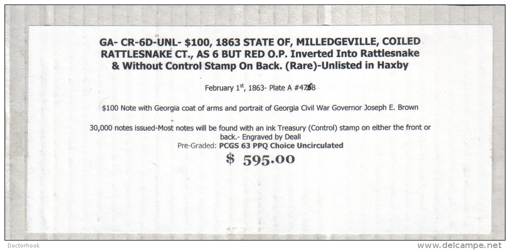 MILLEDGEVILLE---Georgia    $100.00  DOLLAR  Bill  (1863) RARE!!!! GA-CR-6D-UNL---PCGS 63 Choice UNC. - Georgia