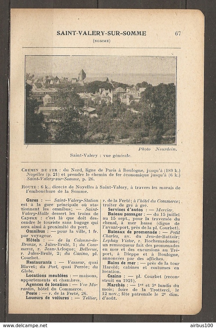 1923 SAINT VALERY SUR SOMME CHEMIN DE FER DU NORD LIGNE DE PARIS A BOULOGNE - HOTELS CASINO GARES OMNIBUS BAINS - Chemin De Fer