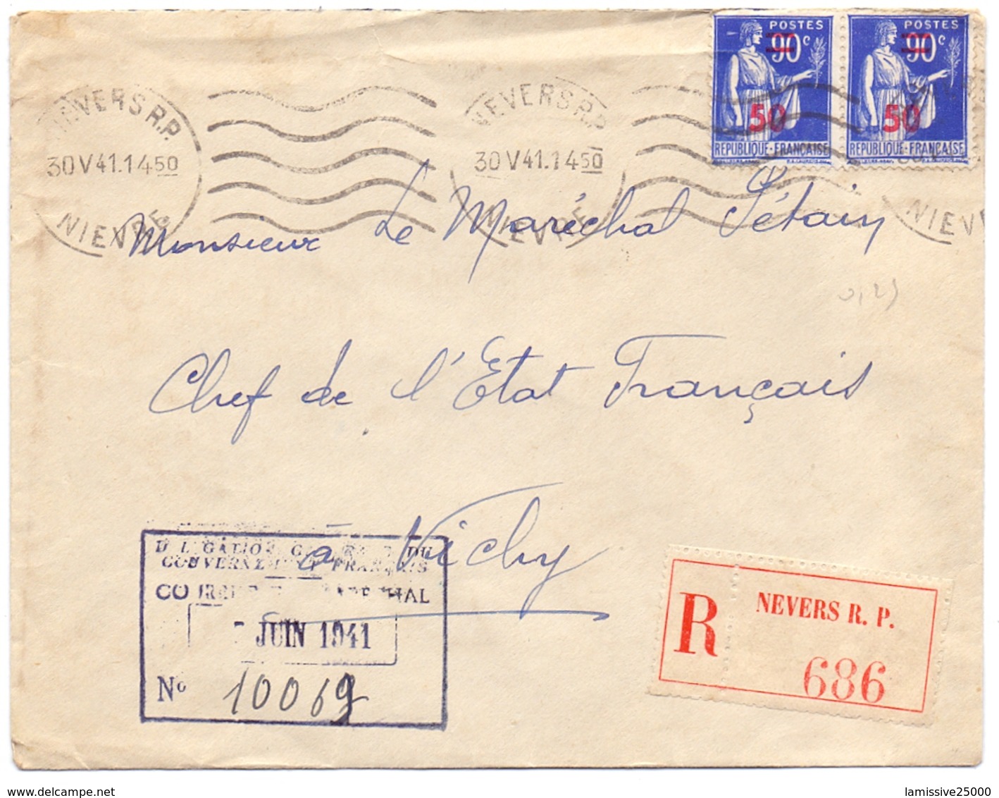 Lettre Adressé Au Maréchal Petain Recommandé D Office Paix Nevers RP Nievre - Guerre De 1939-45