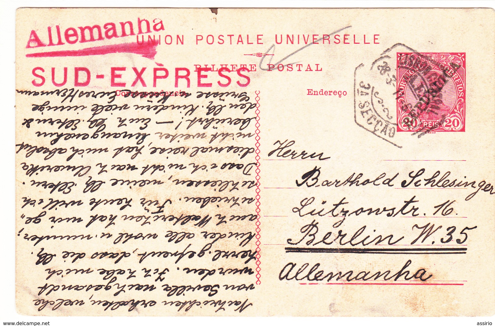 Portugal -circulou  De Lisboa Para Alemanha  No Sud Express Em 28 -3 -1911 - Otros & Sin Clasificación