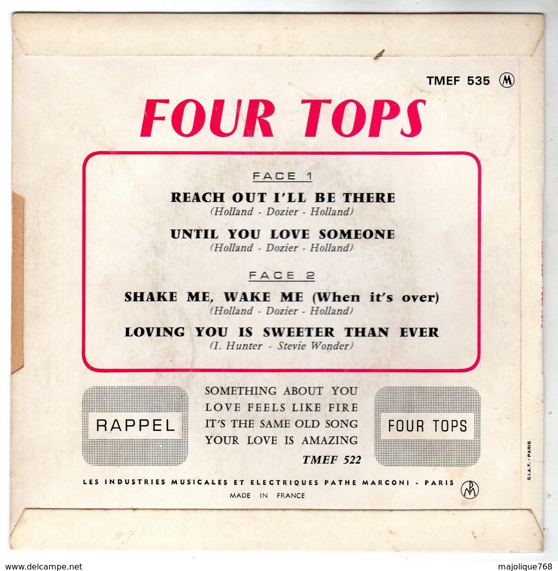 Pochette Sans Disque Des Four Tops - Reach Out I'll Be There - Tamla Motown TMEF 535 - 1966 - - Accessoires, Pochettes & Cartons
