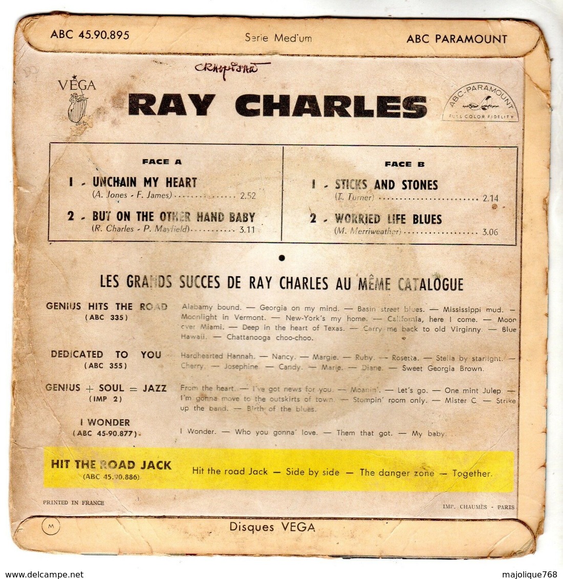 Pochette Sans Disque - Ray Charles - Unchain My Heart  Véga ABC 45.90.895 - 1962 - Accessoires, Pochettes & Cartons