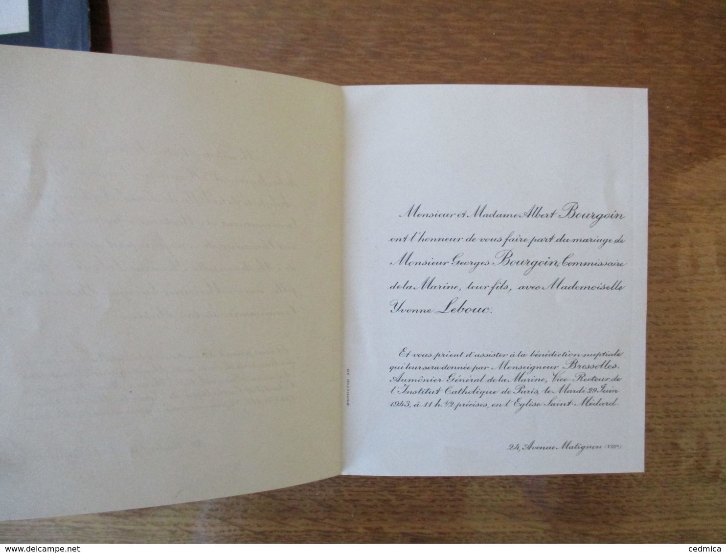 PARIS LE 29 JUIN 1943 MONSIEUR GEORGES BOURGOIN COMMISSAIRE DE LA MARINE ET MADEMOISELLE YVONNE LEBOUC - Mariage