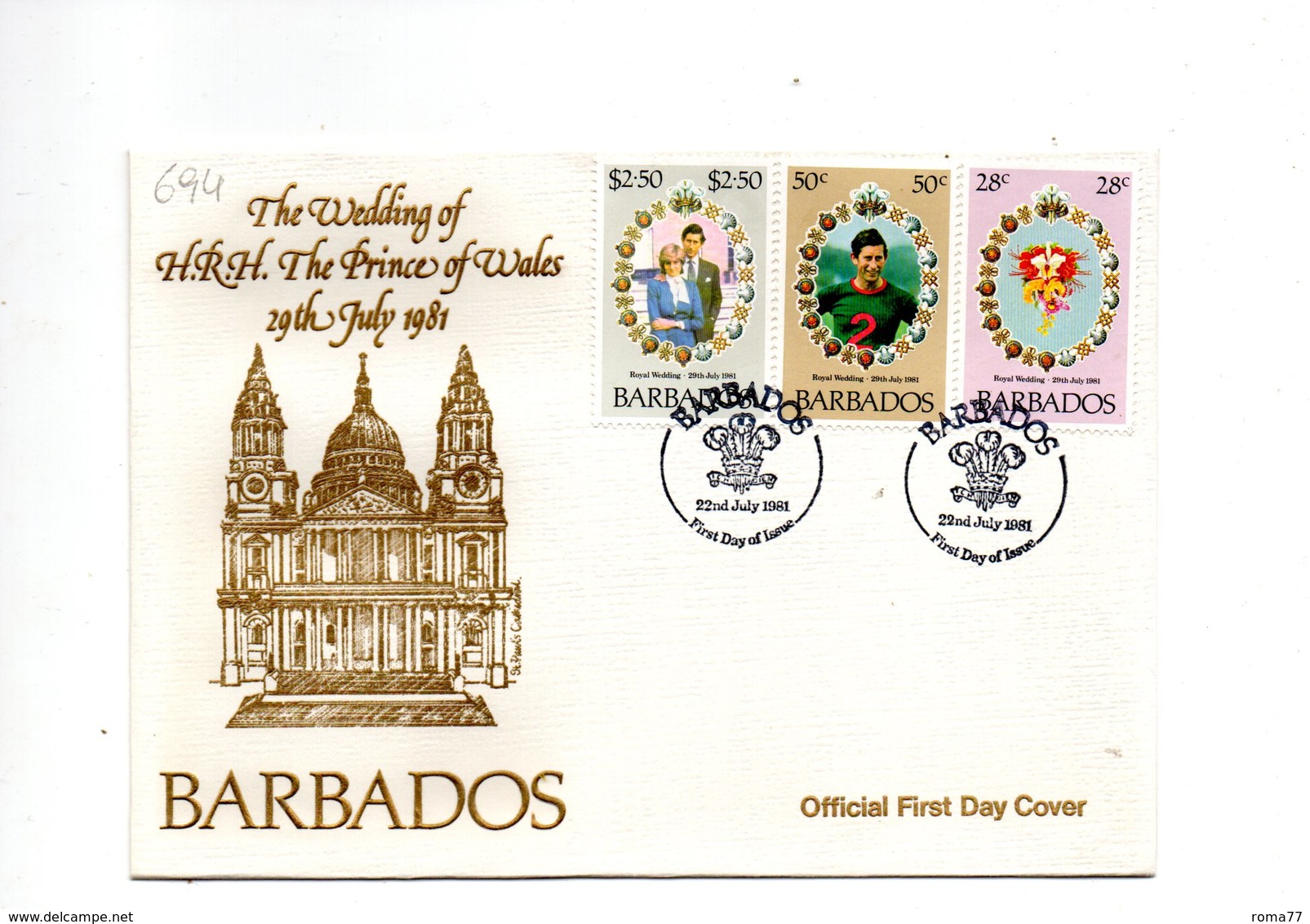 LAB694 - BARBADOS 1981 , Royal Wedding   Charles Diana Su FDC - Barbados (1966-...)