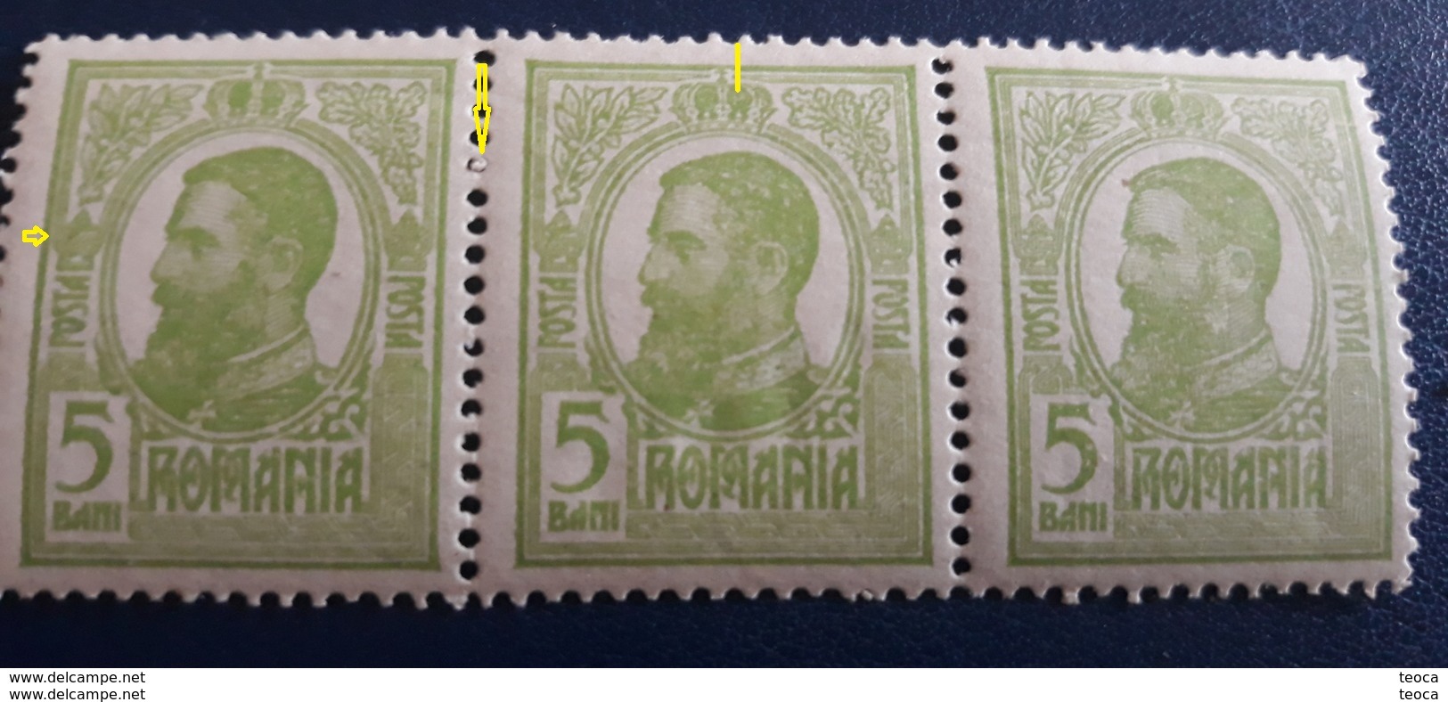 ERROR Romania 1909 King CAROL I, Strip 5 B Green , With Circle Crown,  ,MNH - Unused Stamps