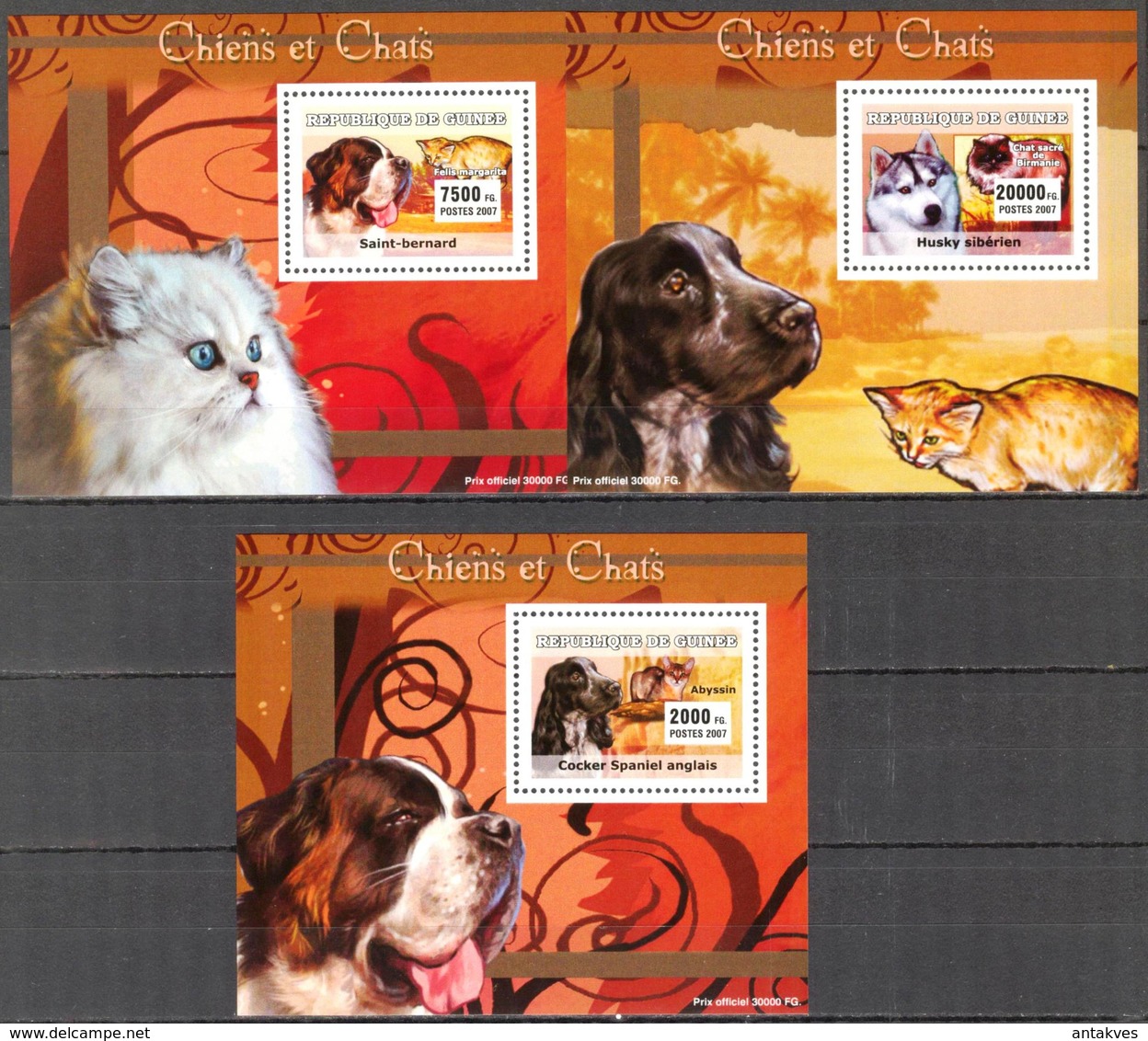 A{165} Guinea 2007 Dogs Cats 3 S/S Deluxe MNH** - Guinea (1958-...)